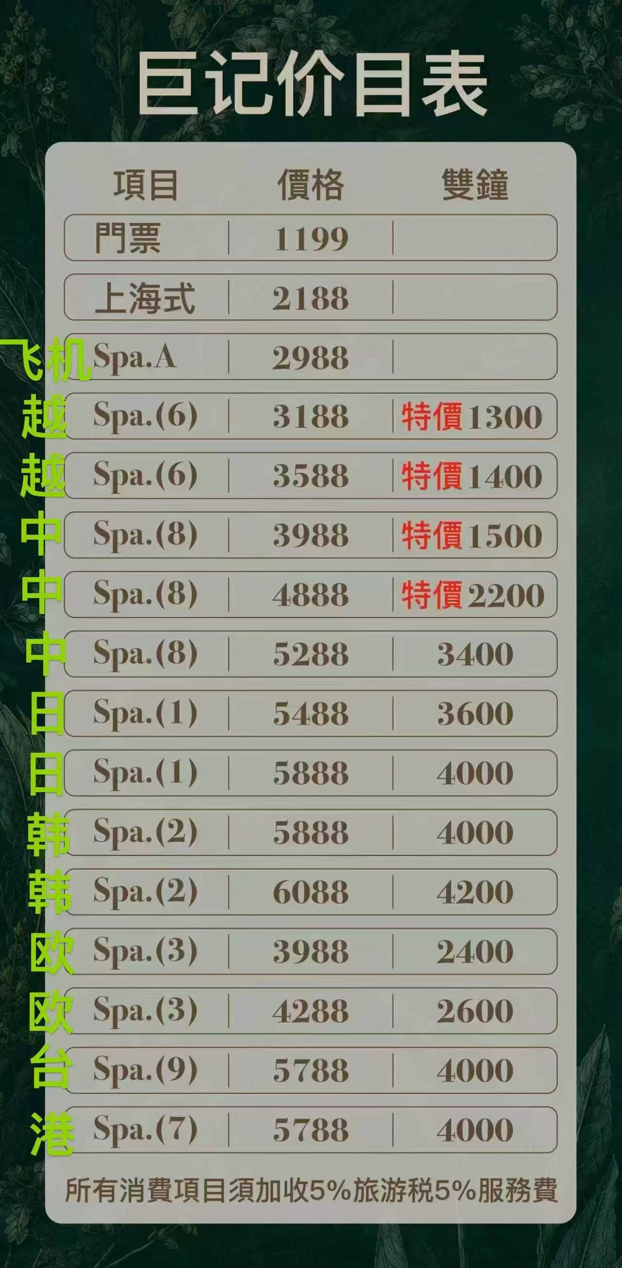 巨亨水療 價目表