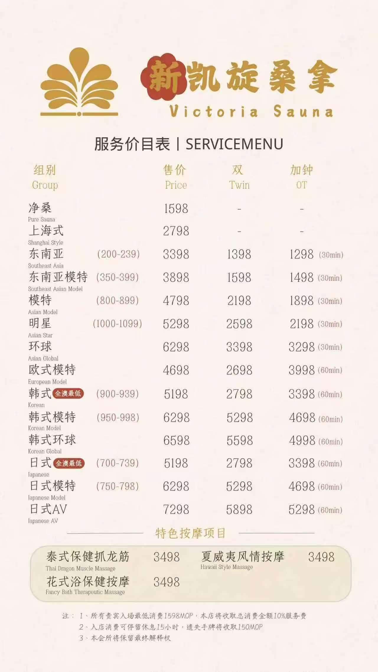 新凱旋桑拿 價目表